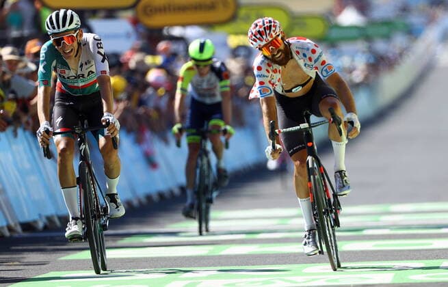 German Lennard Kamna of Bora-Hansgrohe, South African Louis Meintjes of Intermarche Wanty-Gobert Materiaux and German Simon Geschke of Cofidis crosse the finish line at stage fourteen of the Tour de France cycling race, from Saint-Etienne to Mende (195 km), France, on Saturday 16 July 2022. This year s Tour de France takes place from 01 to 24 July 2022. - UK OUT DAVIDxPINTENS  x37537228x
