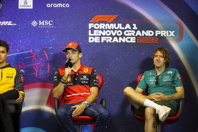 LECLERC Charles (mco), Scuderia Ferrari and VETTEL Sebastian (ger), Aston Martin F1 Team, portrait during the press conference, PK, Pressekonferenz prior to the Formula 1 Lenovo Grand Prix de France, French Grand Prix 2022, 12th round of the 2022 FIA Formula One World Championship, WM, Weltmeisterschaft from July 22 to 24, 2022 on the Circuit Paul Ricard, in Le Castellet, France - F1 - FRENCH GRAND PRIX 2022 DPPI Panoramic AV6_9337