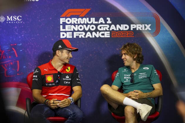 LECLERC Charles (mco), Scuderia Ferrari and VETTEL Sebastian (ger), Aston Martin F1 Team, portrait during the press conference, PK, Pressekonferenz prior to the Formula 1 Lenovo Grand Prix de France, French Grand Prix 2022, 12th round of the 2022 FIA Formula One World Championship, WM, Weltmeisterschaft from July 22 to 24, 2022 on the Circuit Paul Ricard, in Le Castellet, France - F1 - FRENCH GRAND PRIX 2022 DPPI Panoramic AV6_9369