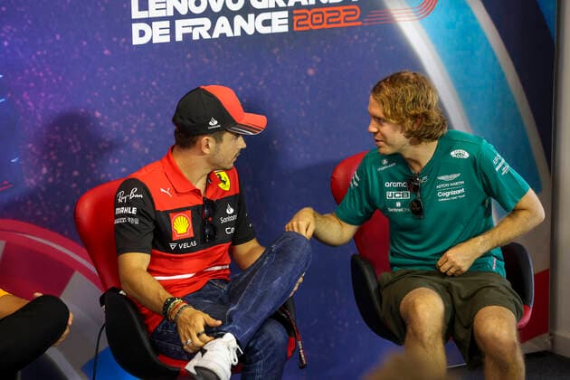 16 Charles Leclerc (MCO, Scuderia Ferrari), 5 Sebastian Vettel (DEU, Aston Martin Aramco Cognizant F1 Team), F1 Grand Prix of France at Circuit Paul Ricard on July 21, 2022 in Le Castellet, France. (Photo by HOCH ZWEI) Le Castellet France