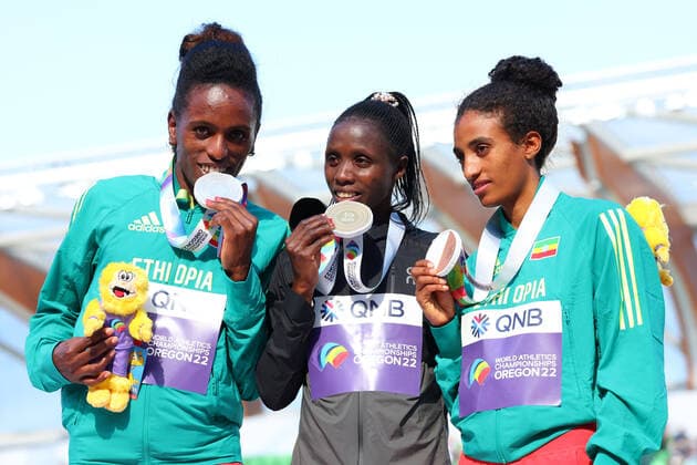 (L-R) Werkuha Getachew (ETH), Norah Jeruto (KAZ), Mekides Abebe (ETH), JULY 21, 2022 - Athletics : IAAF World Championships Oregon 2022 Women s 3000m SC Award ceremony at Hayward Field, Eugene, Oregon, USA.  (194093654)