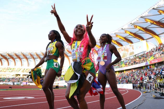 (L-R) Shericka Jackson, Shelly-Ann Fraser-Pryce (JAM), Dina Asher-Smith (GBR), JULY 21, 2022 - Athletics : IAAF World Championships Oregon 2022 Women s 200m Final at Hayward Field, Eugene, Oregon, USA.  (194094231)