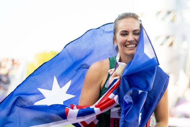 220722 Kelsey-Lee Barber of Australia celebrates after winning women s javelin throw final during day 8 of the 2022 World Athletics Championships on July 22, 2022 in Eugene. Photo: Jon Olav Nesvold BILDBYRAN COP 217 JM0336 bbeng friidrott athletics friidrett 2022 world athletics championships world athletics championships oregon22 friidrotts-vm friidretts-vm vm jubel Copyright: JONxOLAVxNESVOLD BB220722JE090