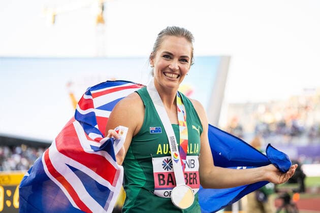 220722 Kelsey-Lee Barber of Australia celebrates after winning women s javelin throw final during day 8 of the 2022 World Athletics Championships on July 22, 2022 in Eugene. Photo: Jon Olav Nesvold BILDBYRAN COP 217 JM0336 bbeng friidrott athletics friidrett 2022 world athletics championships world athletics championships oregon22 friidrotts-vm friidretts-vm vm jubel Copyright: JONxOLAVxNESVOLD BB220722JE091