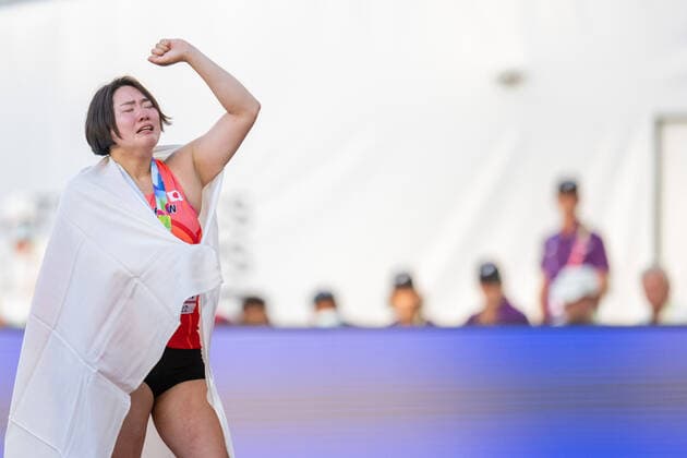 220722 Haruka Kitaguchi of Japan celebrates after winning a bronze medal in women s javelin throw final during day 8 of the 2022 World Athletics Championships on July 22, 2022 in Eugene. Photo: Jon Olav Nesvold BILDBYRAN COP 217 JM0336 bbeng friidrott athletics friidrett 2022 world athletics championships world athletics championships oregon22 friidrotts-vm friidretts-vm vm dam Copyright: JONxOLAVxNESVOLD BB220722JE114