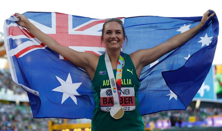 Australian Kelsey-Lee Barber celebrates after winning the gold medal in javelin throw women event during the World Athletics Championships at Hayward Field in Eugene, USA, 22 July 2022. World Athletics Championships !ACHTUNG: NUR REDAKTIONELLE NUTZUNG!  Copyright: xAlbertoxEstevezx AMDEP4615 20220723-9538cd0a69fa21beefd4720fd77ac6d2fe744e59