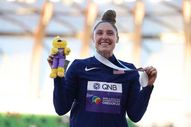 Mandatory Credit: Photo by Amanda Loman Shutterstock (13037097t) Silver-medallist Kara Winger, of the United States, during the medal ceremony for the women s javelin throw 2022 World Athletics Championships, Day Eight Hayward Field, Eugene, Oregon, USA - 22 Jul 2022 2022 World Athletics Championships, Day Eight Hayward Field, Eugene, Oregon, USA - 22 Jul 2022 Copyright: xAmandaxLoman Shutterstockx 13037097t