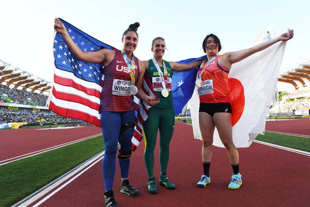 WM 2022 Oregon , Eugene USA, World Athletics, Leichtathletik, athletics, Track and Field, World athletics Championships 2022 Oregon Leichtathletik WM 2022 Oregon 15-.07-24..07..2022, Hayward field Eugene, Oregon, Speerwurf Frauen Finale ,Kara Winger, Kelsey Lee Barber, Haruka Kitaguchi,