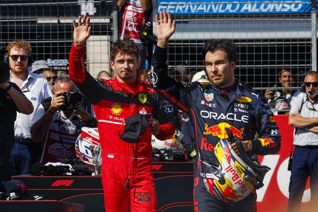 LECLERC Charles (mco), Scuderia Ferrari F1-75, PEREZ Sergio (mex), Red Bull Racing RB18, portrait during the Formula 1 Lenovo Grand Prix de France, French Grand Prix 2022, 12th round of the 2022 FIA Formula One World Championship, WM, Weltmeisterschaft from July 22 to 24, 2022 on the Circuit Paul Ricard, in Le Castellet, France - F1 - FRENCH GRAND PRIX 2022 DPPI Panoramic 00122028__DEL0750.JPG_
