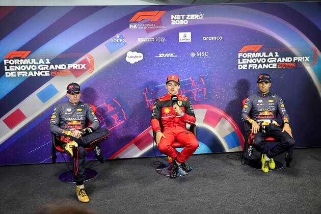 1 Max Verstappen (NLD, Oracle Red Bull Racing), 16 Charles Leclerc (MCO, Scuderia Ferrari), 11 Sergio Perez (MEX, Oracle Red Bull Racing), F1 Grand Prix of France at Circuit Paul Ricard on July 23, 2022 in Le Castellet, France. (Photo by HOCH ZWEI) Le Castellet France