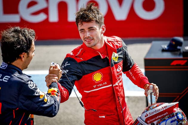 LECLERC Charles (mco), Scuderia Ferrari F1-75, portrait, PEREZ Sergio (mex), Red Bull Racing RB18, portrait during the Formula 1 Lenovo Grand Prix de France, French Grand Prix 2022, 12th round of the 2022 FIA Formula One World Championship, WM, Weltmeisterschaft from July 22 to 24, 2022 on the Circuit Paul Ricard, in Le Castellet, France - F1 - FRENCH GRAND PRIX 2022 DPPI Panoramic 0012202805632