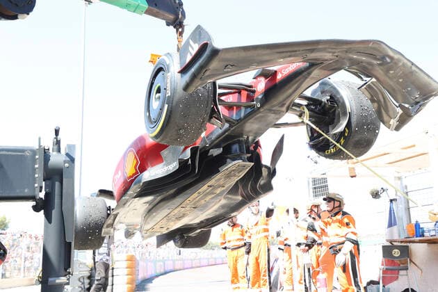 Damaged car of 16 Charles Leclerc (MCO, Scuderia Ferrari), F1 Grand Prix of France at Circuit Paul Ricard on July 24, 2022 in Le Castellet, France. (Photo by HOCH ZWEI) Le Castellet France