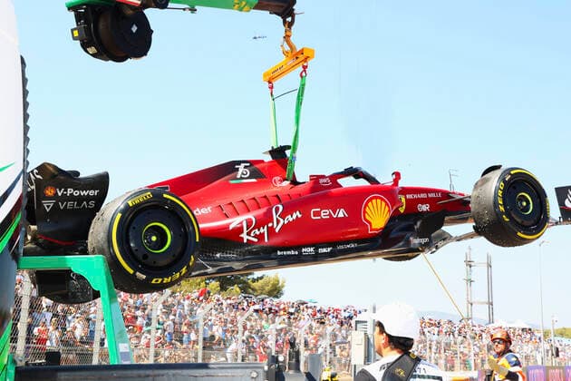 Damaged car of 16 Charles Leclerc (MCO, Scuderia Ferrari), F1 Grand Prix of France at Circuit Paul Ricard on July 24, 2022 in Le Castellet, France. (Photo by HOCH ZWEI) Le Castellet France