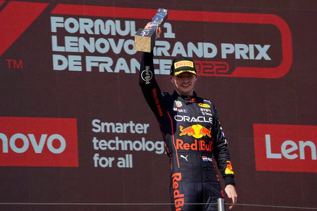 July 24, 2022, Le Castellet, Mezzolombardo, France: MAX VERSTAPPEN of the Netherlands and Red Bull Racing is seen on the podium of the 2022 FIA Formula 1 French Grand Prix at Circuit Paul Ricard in Le Castellet, France. Le Castellet France - ZUMAf150 20220724_zsp_f150_011 Copyright: xDaisyxFacinellix