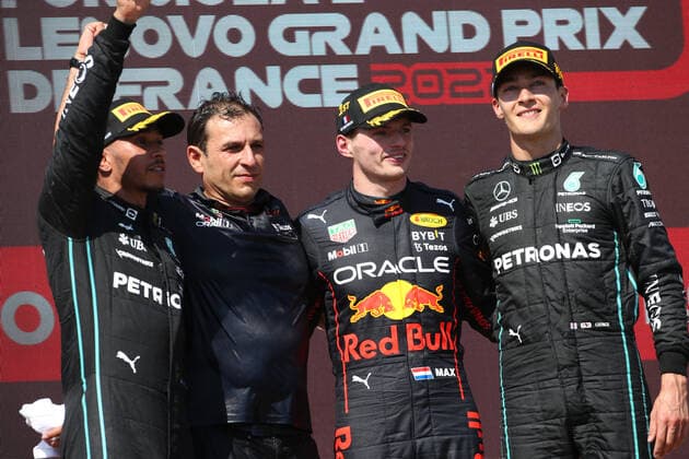 July 24, 2022, France: jul 24 2022 Le Castellet, France - F1 2022 France GP - Race Podium - winner Max Verstappen (NED) Redbull Racing RB18, 2nd place Lewis Hamilton (GBR) Mercedes W13 E Performance, 3rd place George Russell (GBR) Mercedes W13 E Performance Formula 1 Championship - FORMULA 1 LENOVO GRAND PRIX DE FRANCE 2022, , France  - ZUMAl164 20220724_zsa_l164_451 Copyright: xGinoxAllegritti Avensimagesx
