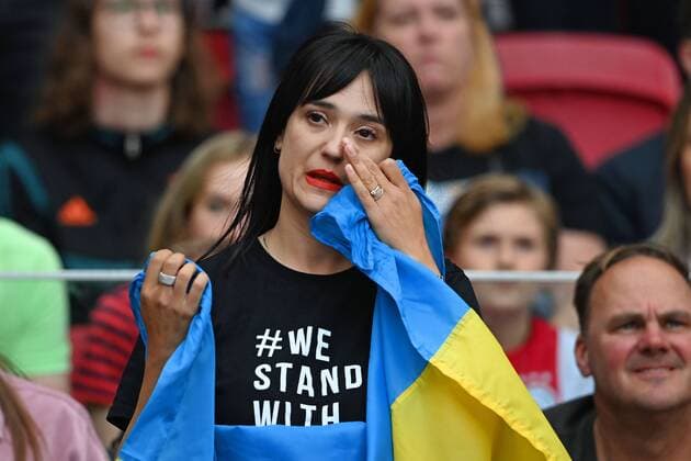 AMSTERDAM - Ukrainian fans during the friendly match between Ajax Amsterdam and FK Shakhtar Donetsk at the Johan Cruijff ArenA on July 26, 2022 in Amsterdam, Netherlands. ANP OLAF KRAAK Pre-Season Friendly 2022 2023 xVIxANPxSportx xxANPxIVx