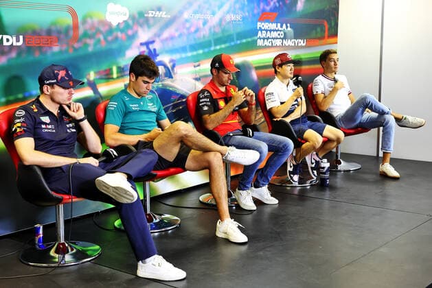 1 Max Verstappen (NLD, Oracle Red Bull Racing), 18 Lance Stroll (CAN, Aston Martin Aramco Cognizant F1 Team), 55 Carlos Sainz (ESP, Scuderia Ferrari), 22 Yuki Tsunoda (JPN, Scuderia AlphaTauri), 63 George Russell (GBR, Mercedes-AMG Petronas F1 Team), F1 Grand Prix of Hungary at Hungaroring on July 28, 2022 in Budapest, Hungary. (Photo by DPPI via HOCH ZWEI) Budapest Hungary
