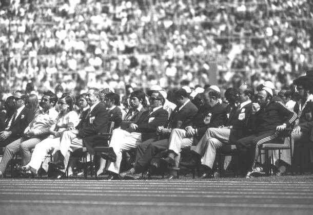 Olympiade 1972 in München. Trauerfeier nach den Attentat auf israelische Sportler. Vorne die israelische Mannschaft 06.09.1972