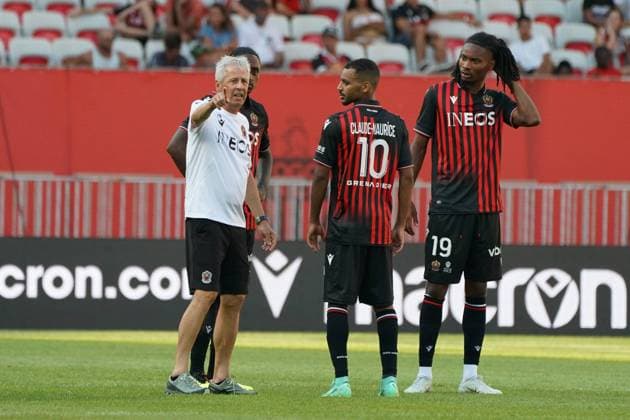 Lucien Favre (entraineur de l OGC Nice) - Pablo Rosario (OGC Nice) - Khephren Thuram (OGC Nice) - Alexis Claude Maurice (OGC Nice) FOOTBALL : OGC Nice vs Torino - Match amical - Nice - 30 07 2022 NorbertScanella Panoramic 