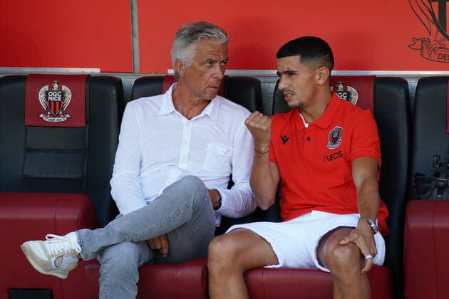 Jean Pierre Rivere (president de l OGC Nice) - Youcef Atal (OGC Nice) FOOTBALL : OGC Nice vs Torino - Match amical - Nice - 30 07 2022 NorbertScanella Panoramic 