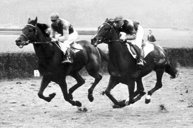 25.10.1955, Hannover, Niedersachsen, GER - Die Derbysieger Kaliber (links) und Lustige bei einem Schaugalopp auf der Alten Bult. Galopprennbahn Hannover, Alte Bult. (Pferde, Jockeys, Kaliber, Lustige, Canter, Schaurennen, historisch, schwarz-weiss, s w) 551025FS900HANNOVER.JPG *** 25 10 1955, Hanover, Lower Saxony, GER The Derby winners Kaliber left and Lustige during a show gallop at the Alte Bult racecourse Hanover, Alte Bult horses, jockeys, Kaliber, Lustige, Canter, show race, historical, black white, s w 551025FS900HANNOVER JPG