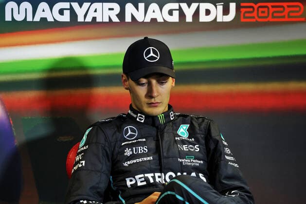 RUSSELL George (gbr), Mercedes AMG F1 Team W13, portrait, post race press conference, PK, Pressekonferenz during the Formula 1 Aramco Magyar Nagydij 2022, Hungarian Grand Prix 2022, 12th round of the 2022 FIA Formula One World Championship, WM, Weltmeisterschaft from July 28 to 31, 2022 on the Hungaroring, in Mogyorod, Hungary - F1 - HUNGARIAN GRAND PRIX 2022 - RACE DPPI Panoramic  PressCon_2ED_JB_010