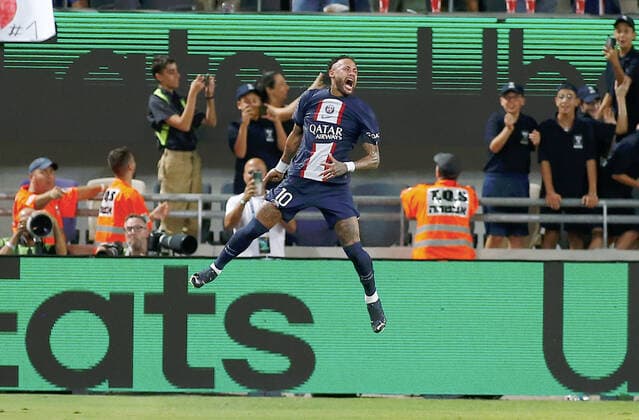 (220801) -- TEL AVIV, Aug. 1, 2022 -- Paris Saint-Germain player Neymar celebrates his goal during the French Champions Trophy (Trophee des Champions) football match between Paris Saint-Germain and FC Nantes at the Bloomfield Stadium in Tel Aviv, Israel, on July 31, 2022. (Alain Schieber via Xinhua) (SP)ISRAEL-TEL AVIV-TROPHEE DES CHAMPIONS JINI 