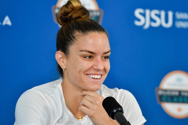 SAN JOSE, CA - AUGUST 01: No. 1 seed Maria Sakkari talks about her accommodations in San Jose during a press conference, PK, Pressekonferenz at the MUBADALA Silicon Valley Classic on Monday, August 1, 2022 at the San Jose State Tennis Center in San Jose, California. (Photo by Douglas Stringer Icon Sportswire) TENNIS: AUG 01 Silicon Valley Classic Icon220801005