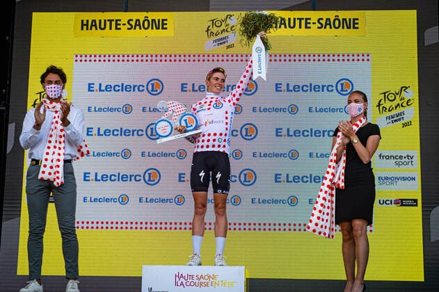 VOLLERING Demi: Tour de France Femmes 2022 8. Stage VOLLERING Demi ( NED ) TEAM SD WORX ( SDW ) - NED Mountain Jersey - Best Climber - Award Ceremony Medal Ceremony Podium - Querformat - quer - horizontal - Landscape - Event Veranstaltung: Tour de France Femmes avec Zwift 8. Stage - Category Kategorie: Cycling - Road cycling, Rad, Radsport, Strasse - Cycling Tour - Elite Women - 2.WWT - Location Ort: Europe France - Start: Lure - Finish - La Super Plance Des Belles Filles - Discipline: Road Race ( RR ) - Cycling Tour - Distance: 123,3 km - Date Datum: 31.07.2022 Sunday -