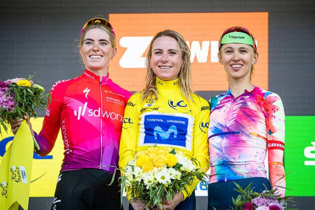 VOLLERING Demi, VAN VLEUTEN Annemiek, NIEWIADOMA Katarzyna: Tour de France Femmes 2022 8. Stage VOLLERING Demi ( NED ) - TEAM SD WORX ( SDW ) - NED - Second Place - VAN VLEUTEN Annemiek ( NED ) - MOVISTAR TEAM WOMEN ( MOV ) - ESP - Winner - First Place - NIEWIADOMA Katarzyna ( POL ) CANYON SRAM RACING ( CSR ) - GER Third Place - Classement General - Award Ceremony Medal Ceremony Podium - Querformat - quer - horizontal - Landscape - Event Veranstaltung: Tour de France Femmes avec Zwift 8. Stage - Category Kategorie: Cycling - Road cycling, Rad, Radsport, Strasse - Cycling Tour - Elite Women - 2.WWT - Location Ort: Europe France - Start: Lure - Finish - La Super Plance Des Belles Filles - Discipline: Road Race ( RR ) - Cycling Tour - Distance: 123,3 km - Date Datum: 31.07.2022 Sunday -