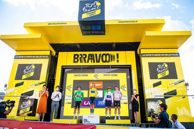VOS Marianne, VAN VLEUTEN Annemiek, VAN ANROOIJ Shirin, VOLLERING Demi: Tour de France Femmes 2022 8. Stage VOS Marianne ( NED ) TEAM JUMBO-VISMA ( JVW ) - NED Points Classement - Best Sprinter - - VAN VLEUTEN Annemiek ( NED ) MOVISTAR TEAM WOMEN ( MOV ) - ESP Leader Jersey - Award - VAN ANROOIJ Shirin ( NED ) TREK - SEGAFREDO ( TFS ) - USA Best Youngest Rider - - VOLLERING Demi ( NED ) TEAM SD WORX ( SDW ) - NED Mountain Jersey - Best Climber All Leader Jersseys - Award Ceremony Medal Ceremony Podium - Querformat - quer - horizontal - Landscape - Event Veranstaltung: Tour de France Femmes avec Zwift 8. Stage - Category Kategorie: Cycling - Road cycling, Rad, Radsport, Strasse - Cycling Tour - Elite Women - 2.WWT - Location Ort: Europe France - Start: Lure - Finish - La Super Plance Des Belles Filles - Discipline: Road Race ( RR ) - Cycling Tour - Distance: 123,3 km - Date Datum: 31.07.2022 Sunday -
