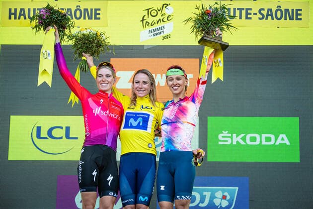 VOLLERING Demi, VAN VLEUTEN Annemiek, NIEWIADOMA Katarzyna: Tour de France Femmes 2022 8. Stage VOLLERING Demi ( NED ) - TEAM SD WORX ( SDW ) - NED - Second Place - VAN VLEUTEN Annemiek ( NED ) - MOVISTAR TEAM WOMEN ( MOV ) - ESP - Winner - First Place - NIEWIADOMA Katarzyna ( POL ) CANYON SRAM RACING ( CSR ) - GER Third Place - Classement General - Award Ceremony Medal Ceremony Podium - Querformat - quer - horizontal - Landscape - Event Veranstaltung: Tour de France Femmes avec Zwift 8. Stage - Category Kategorie: Cycling - Road cycling, Rad, Radsport, Strasse - Cycling Tour - Elite Women - 2.WWT - Location Ort: Europe France - Start: Lure - Finish - La Super Plance Des Belles Filles - Discipline: Road Race ( RR ) - Cycling Tour - Distance: 123,3 km - Date Datum: 31.07.2022 Sunday -