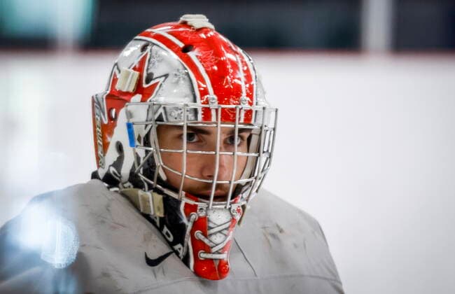 August 2, 2022, Calgary, AB, CANADA: CanadaöÄÃ s National Junior Team goaltender Dylan Garand looks on during a training camp practice in Calgary, Tuesday, Aug. 2, 2022. Dylan Garand  - ZUMAc35_ 20220802_zaf_c35_001 Copyright: xJeffxMcintoshx
