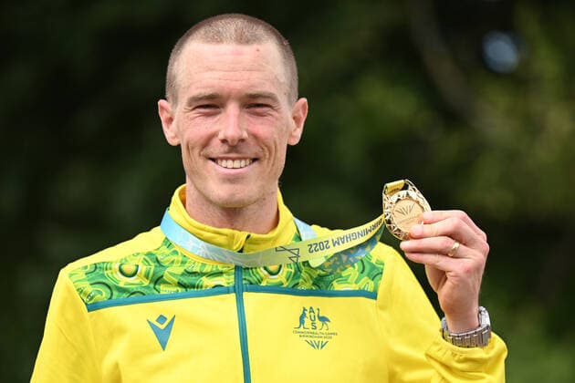 COM22 CYCLING ROAD, Rohan Dennis of Australia celebrates winning the Gold medal in the Men s Individual Time Trial during Day 7 of the XXII Commonwealth Games in Birmingham, England, Thursday, August 4, 2022. ( NO ARCHIVING, EDITORIAL USE ONLY, NO USE IN BOOKS WITHOUT CONSENT BIRMINGHAM UNITED KINGDOM  Copyright: xDAVExHUNTx 20220805001686550187