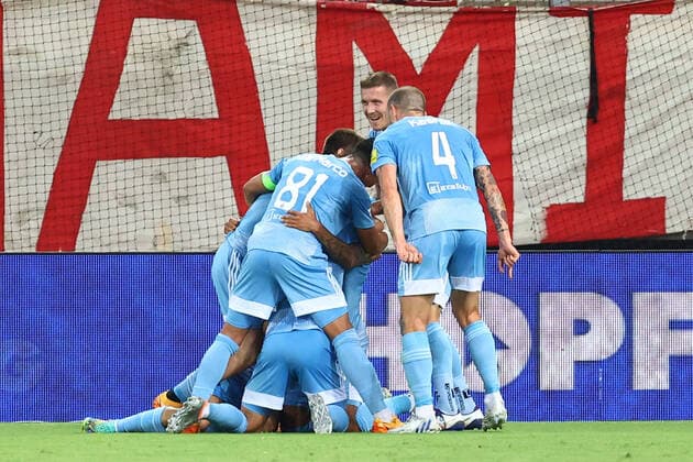 Olympiacos F.C. v Slovan Bratislava UEFA Europa League Andre Green of Slovan Bratislava and his team mates celebrate scoring his teams first goal during the UEFA Europa League Third Qualifying Round First Leg match at Karaiskakis Stadium, Piraeus Content Not Available For UK Newspapers Copyright: xYannisxHalasx FIL-17174-0036 UK Newspapers OUT