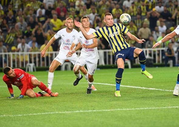 Attila Szalai (R) of Fenerbahce SK and Vladislav Levin (8) , Goalkeeper Filip Nguyen of FC Slovacko during the UEFA Europa League Third Qualifying Round first Leg match between Fenerbahce SK and FC Slovacko at Ulker Stadium in Istanbul Turkey on August 04 , 2022. ( Photo by Seskimphoto ) 