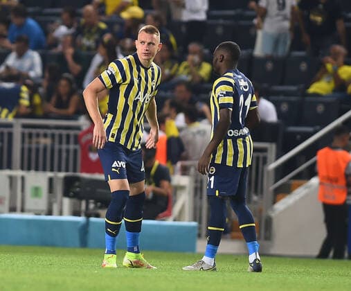 Attila Szalai (41) and Bright Osayi Samuel (R) of Fenerbahce SK during the UEFA Europa League Third Qualifying Round first Leg match between Fenerbahce SK and FC Slovacko at Ulker Stadium in Istanbul Turkey on August 04 , 2022. ( Photo by Seskimphoto ) 