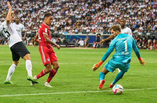 Jamal MUSIALA, FCB 42 scores, shoots goal , Tor, Treffer, Torschuss, 1-6 in the match EINTRACHT FRANKFURT - FC BAYERN MÜNCHEN 1.German Football League on Aug 05, 2022 in Frankfurt, Germany. Season 2022 2023, matchday 1, 1.Bundesliga, FCB, Munich, 1.Spieltag