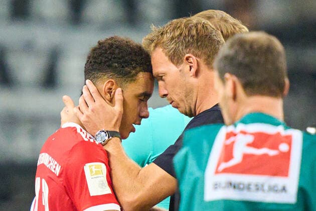 Trainer Julian Nagelsmann (FCB), team manager, headcoach, coach, Jamal MUSIALA, FCB 42 after the match EINTRACHT FRANKFURT - FC BAYERN MÜNCHEN 1-6 1.German Football League on Aug 05, 2022 in Frankfurt, Germany. Season 2022 2023, matchday 1, 1.Bundesliga, FCB, Munich, 1.Spieltag
