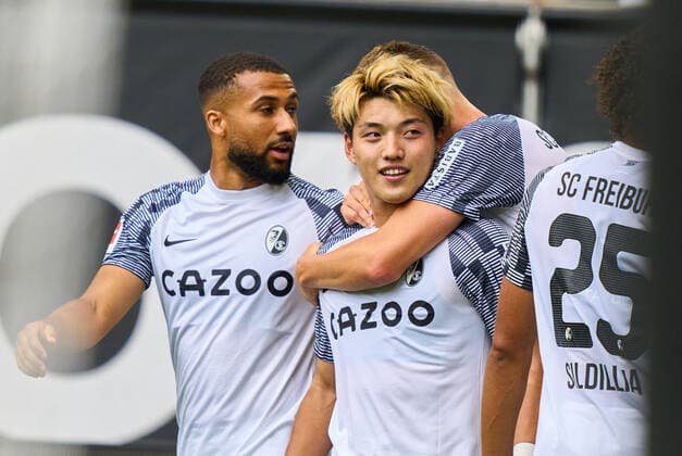 Ritsu Doan, FRG 42 celebrates his goal, happy, laugh, celebration, 0-4 in the match FC AUGSBURG - SC FREIBURG 1.German Football League on Aug 06, 2022 in Augsburg, Germany. Season 2022 2023, matchday 1, 1.Bundesliga, FCB, Munich, 1.Spieltag