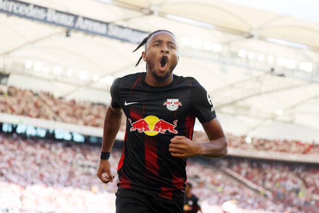07.08.22 VfB Stuttgart - RB Leipzig Deutschland, Stuttgart, 07.08.2022, Fussball, Bundesliga, VfB Stuttgart - RB Leipzig: Christopher Nkunku (RB Leipzig); Jubel Tor 0:1 Nkunku. *** 07 08 22 VfB Stuttgart RB Leipzig Germany, Stuttgart, 07 08 2022, football, Bundesliga, VfB Stuttgart RB Leipzig Christopher Nkunku RB Leipzig cheer goal 0 1 Nkunku