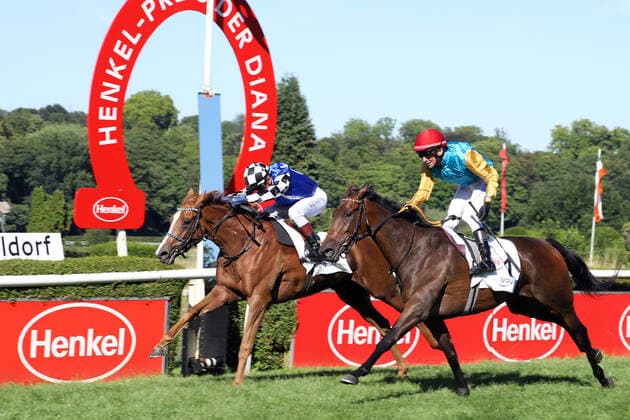 Sport Themen der Woche KW31 Sport Bilder des Tages Sport Bilder des Tages 07.08.2022, Duesseldorf, Nordrhein-Westfalen, GER - Toskana Belle (links) mit Kerrin McEvoy gewinnt den Henkel-Preis der Diana. Galopprennbahn Duesseldorf-Grafenberg. (Pferd, Jockey, Toskana Belle, McEvoy, Sieg, Ziel, Zielankunft) 220807S988DUESSELDORF.JPG *** 07 08 2022, Duesseldorf, North Rhine Westphalia, GER Toskana Belle left with Kerrin McEvoy wins the Henkel Prize of Diana Galopprennbahn Duesseldorf Grafenberg horse, jockey, Toskana Belle, McEvoy, victory, finish, finish 220807S988DUESSELDORF JPG