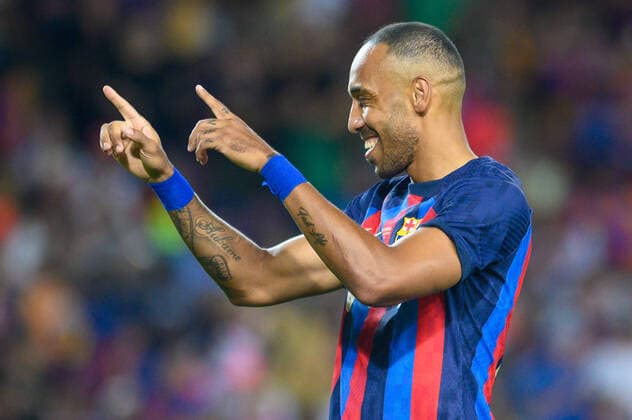 August 7, 2022, Barcelona, Spain: Pierre-Emerick Aubameyang of FC Barcelona, Barca celebrate a goal during the Joan Gamper Trophy match between FC Barcelona and Pumas UNAM at Camp Nou in Barcelona, Spain. Barcelona Spain - ZUMAd159 20220807_zia_d159_044 Copyright: xGerardxFrancox