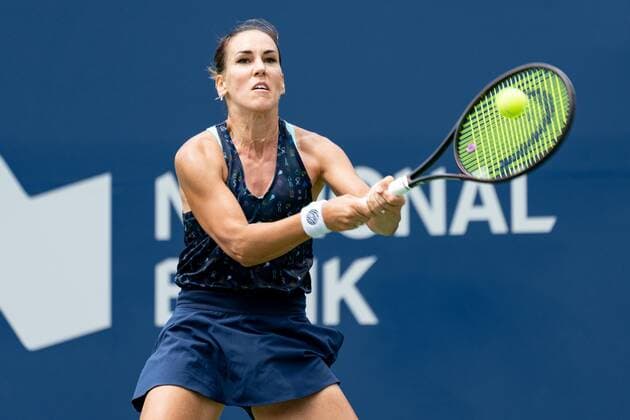 TORONTO, ON - AUGUST 08: Nuria Parrizas-Diaz returns the ball during her National Bank Open tennis tournament first round match on August 8, 2022, at Sobeys Stadium in Toronto, ON, Canada. (Photo by Julian Avram Icon Sportswire via Getty Images) TENNIS: AUG 08 National Bank Open Icon2208081747