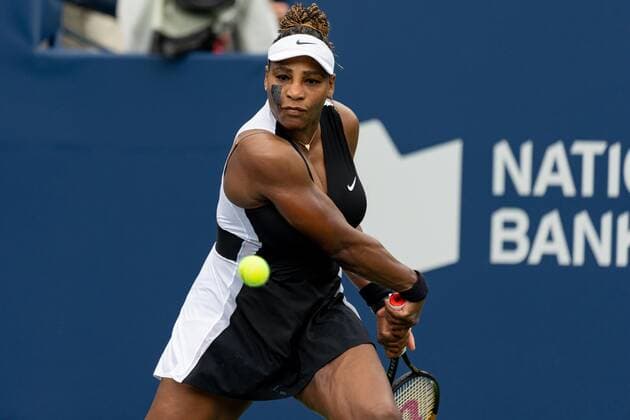 TORONTO, ON - AUGUST 08: Serena Williams returns the ball during her National Bank Open tennis tournament first round match on August 8, 2022, at Sobeys Stadium in Toronto, ON, Canada. (Photo by Julian Avram Icon Sportswire via Getty Images) TENNIS: AUG 08 National Bank Open Icon2208081425