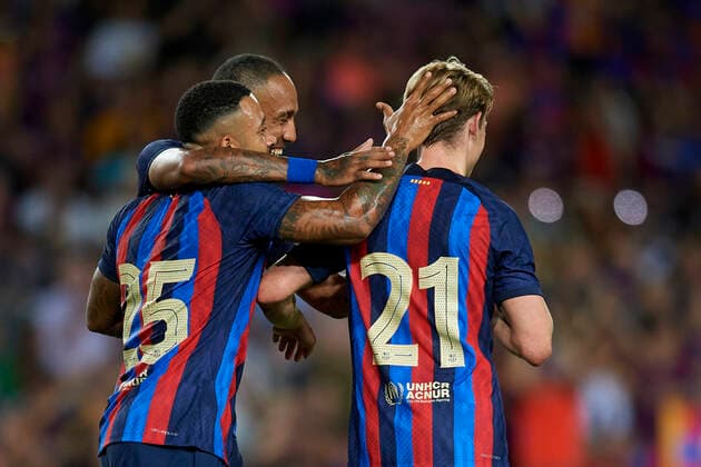 FC Barcelona, Barca v Pumas UNAM - Joan Gamper Trophy Frenkie de Jong and Memphis Depay of Barcelona celebrates after scoring his sides first goal during the Joan Gamper Trophy, friendly presentation match between FC Barcelona and Pumas UNAM at Spotify Camp Nou on August 7, 2022 in Barcelona, Spain. Barcelona Spain  Copyright: xJosexBretonx originalFilename:breton-fcbarcel220807_npjBL.jpg