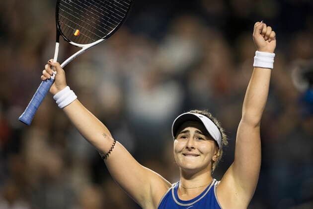 August 9, 2022, Toronto, ON, CANADA: Bianca Andreescu, of Canada, celebrates as she defeats Daria Kasatkina, of Russia, during tennis action at the National Bank Open in Toronto Tuesday, Aug. 9, 2022. Canada News - August 9, 2022 - ZUMAc35_ 20220809_zaf_c35_193 Copyright: xColexBurstonx