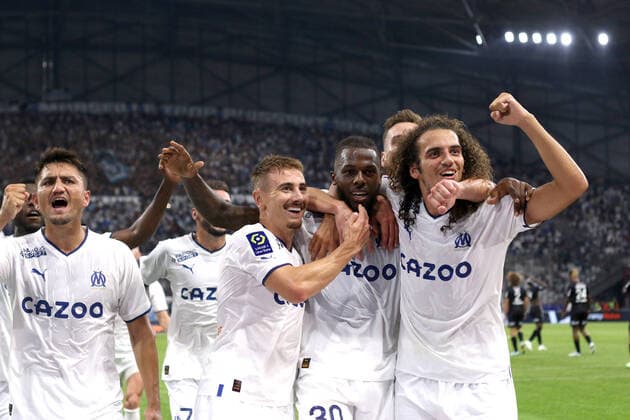 SQUADRA, CENGIZ UNDER, VALENTIN RONGIER, JONATHAN CLAUSS, ARKADIUSZ MILIK, NUNO ALBERTINO VARELA TAVARES, MATTEO GUENDOUZI, Olympique Marseille, Ligue 1, Olympique Marseille vs Stade de Reims 4-1, 07 08 2022, Marseille, Esultanza, Celebration LIGUE 1 2022-23 OLYMPIQUE MARSIGLIA-REIMS 4-1