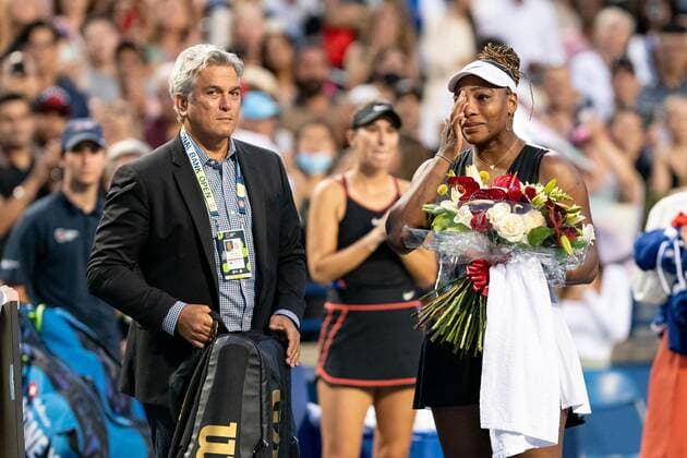 TORONTO, ON - AUGUST 10: Serena Williams reacts after her National Bank Open tennis tournament second round match on August 10, 2022, at Sobeys Stadium in Toronto, ON, Canada. (Photo by Julian Avram Icon Sportswire) TENNIS: AUG 10 National Bank Open Icon2208104098
