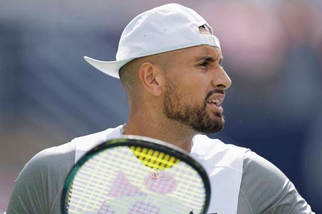 MONTREAL, QC - AUGUST 10: Nick Kyrgios (AUS) takes the court for his match vs. opponent Daniil Medvedev (1) during Day 5 of the National Bank Open at Stade IGA on August 10, 2022 in Montreal, Canada.(Photo by Jeff Chevrier Icon Sportswire) TENNIS: AUG 10 National Bank Open Icon22081049